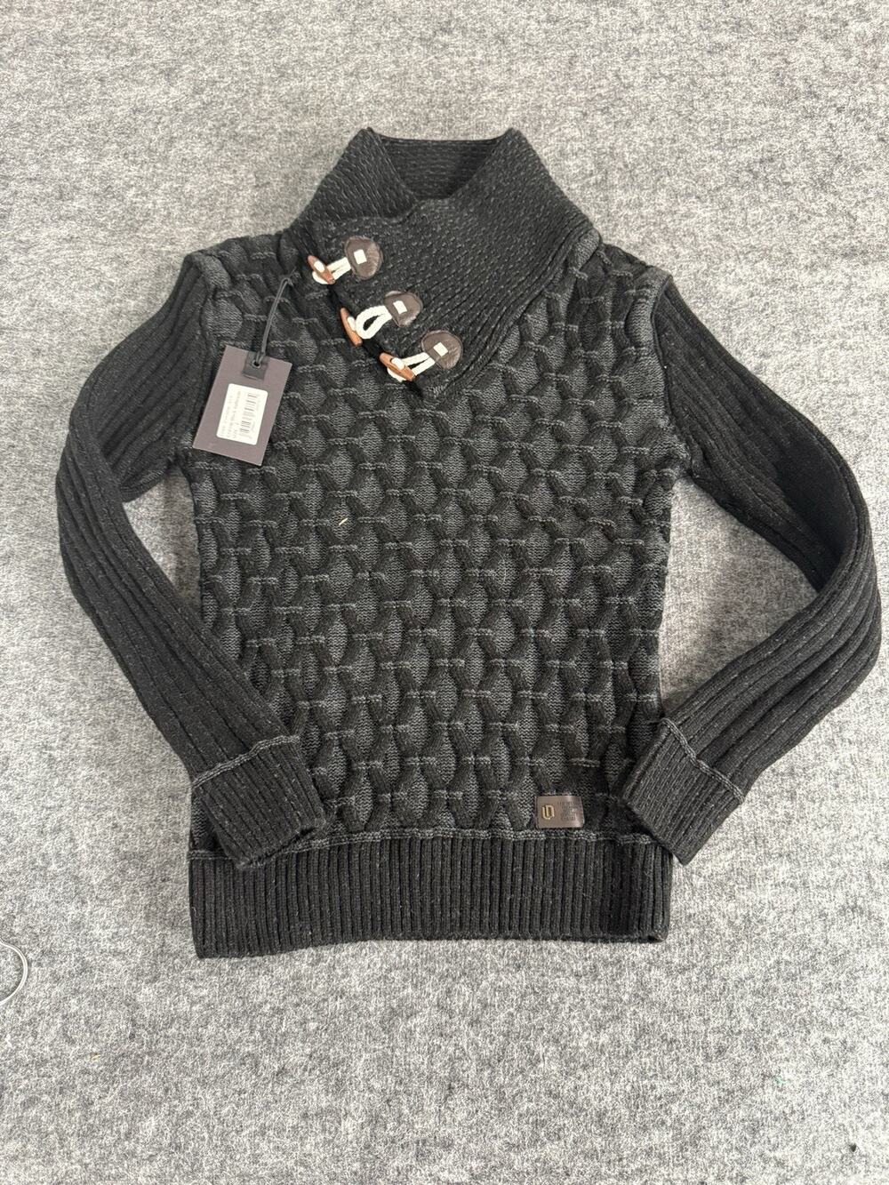 Leif Nelson Sweater Men Medium Black Argyle Cable Knit Toggles A9